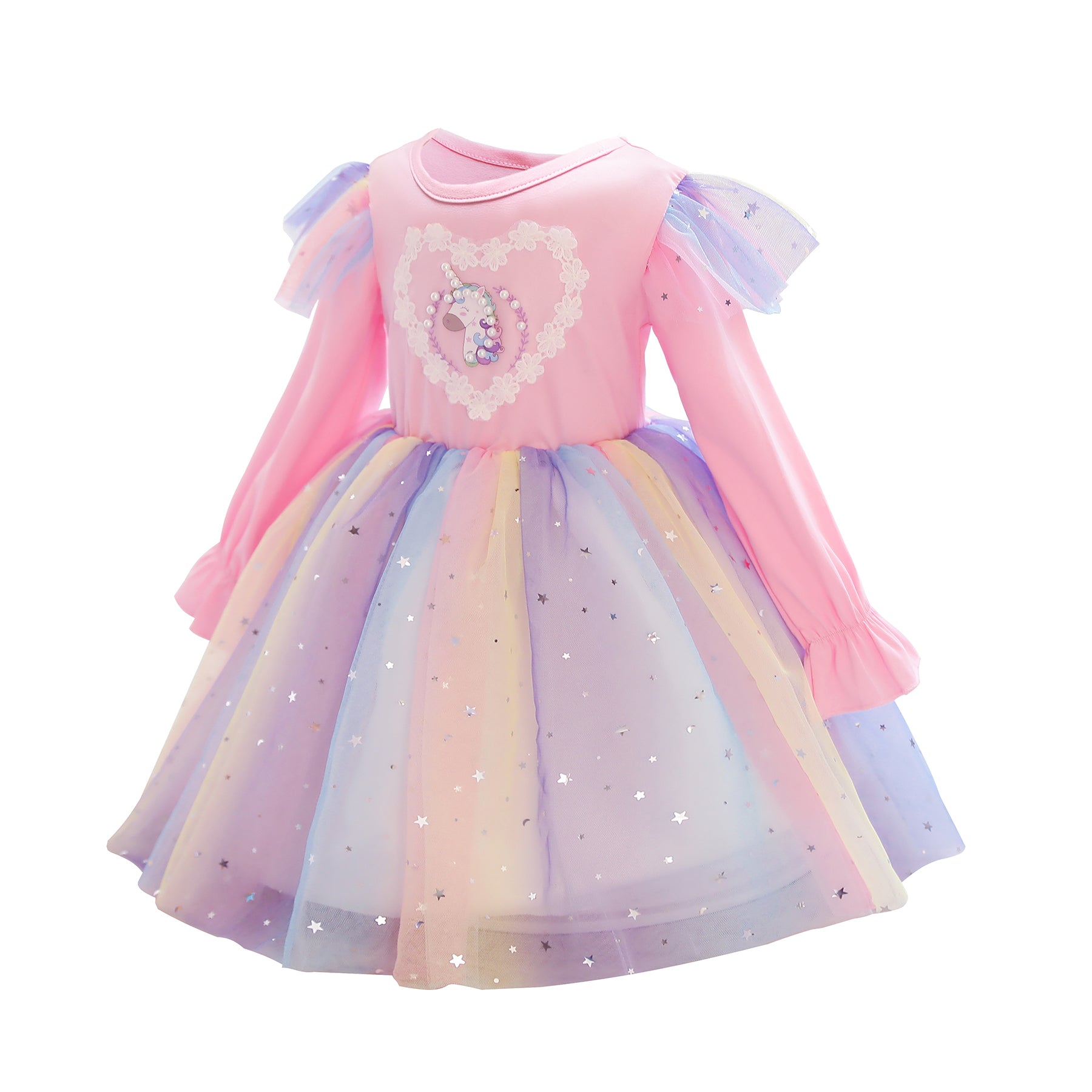 Girls Pink Embellished Ruffled Bell Sleeves Cotton Fit & Flare Dress
