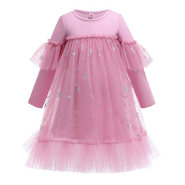 Girls Pink Self Design Ruffles Net A-Line Dress