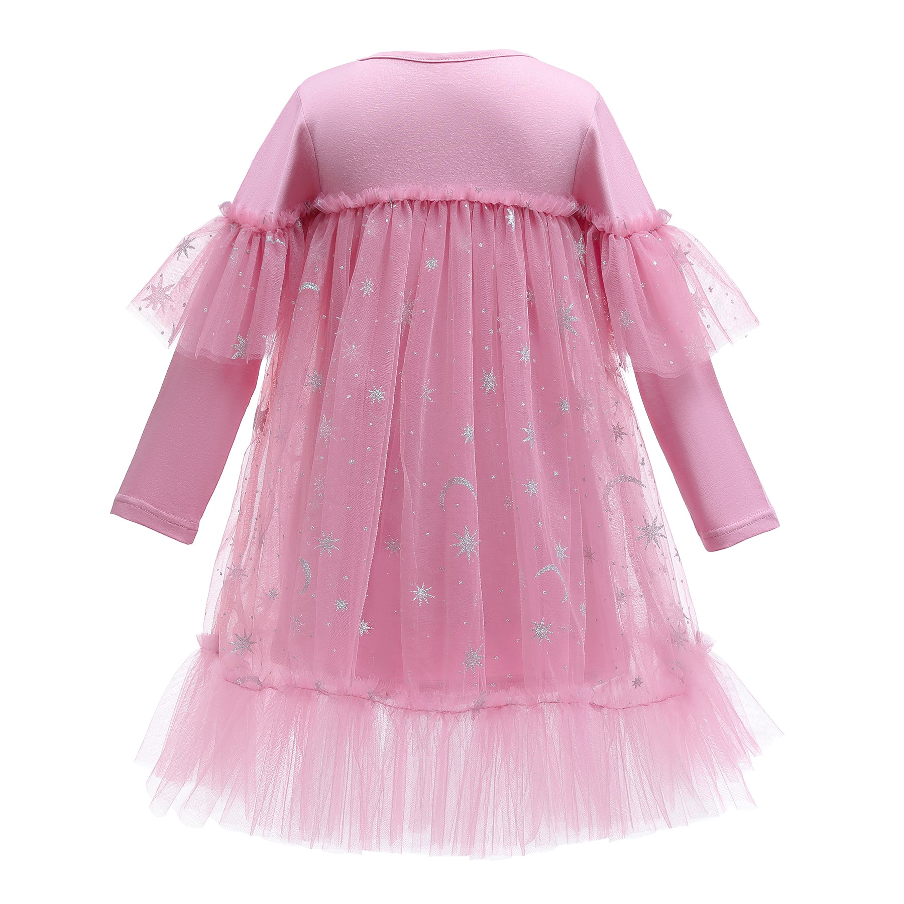 Girls Pink Self Design Ruffles Net A-Line Dress