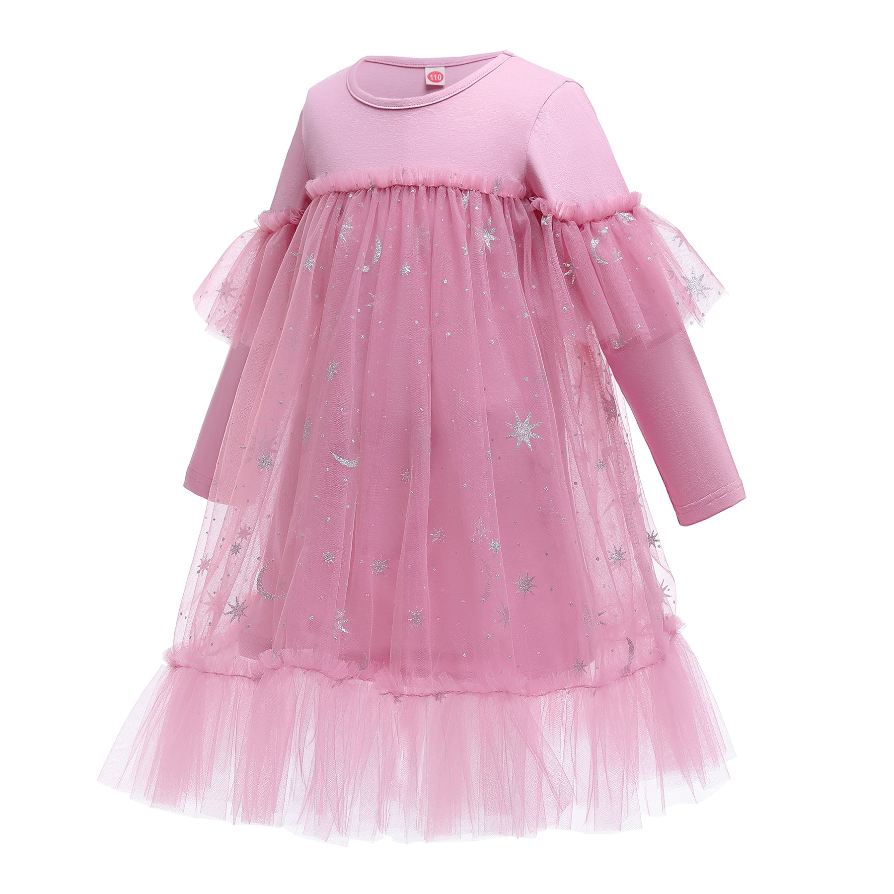 Girls Pink Self Design Ruffles Net A-Line Dress