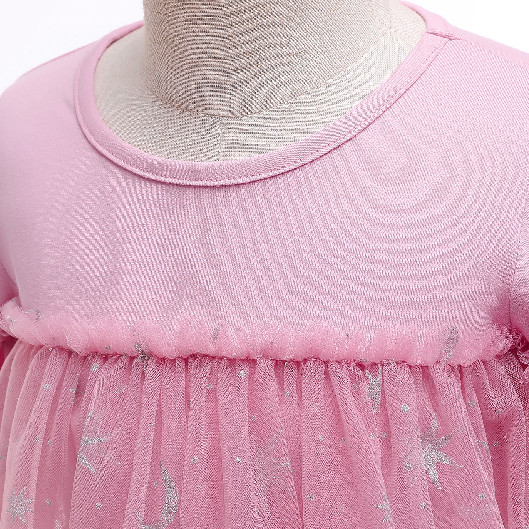 Girls Pink Self Design Ruffles Net A-Line Dress