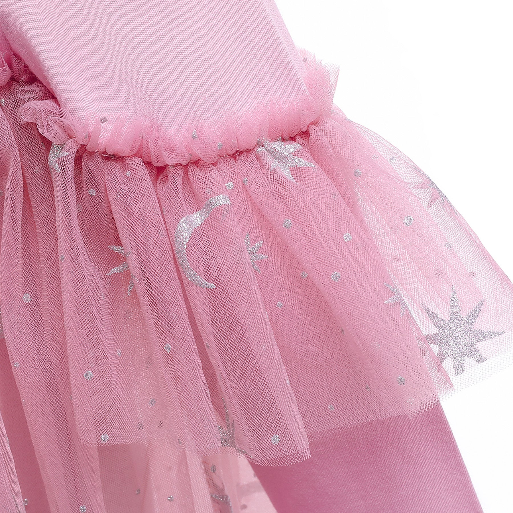 Girls Pink Self Design Ruffles Net A-Line Dress