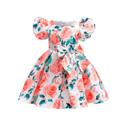 Girl Floral Print Puff Sleeves Bow Fit & Flare Midi Dress
