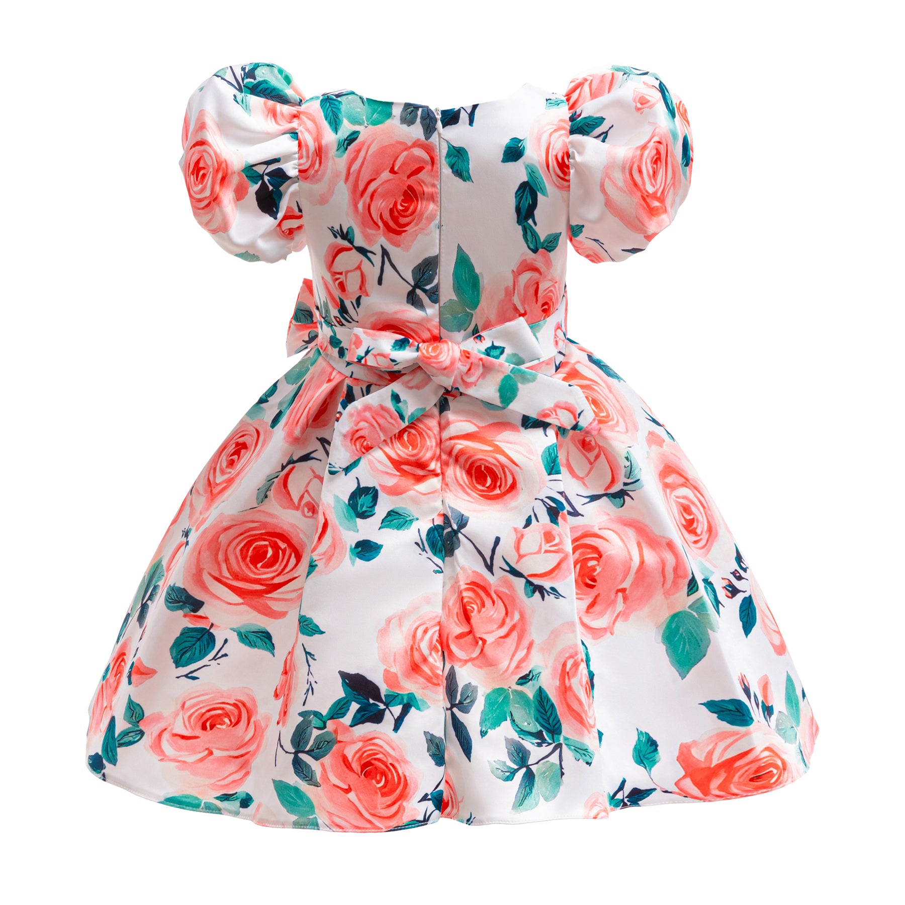 Girl Floral Print Puff Sleeves Bow Fit & Flare Midi Dress