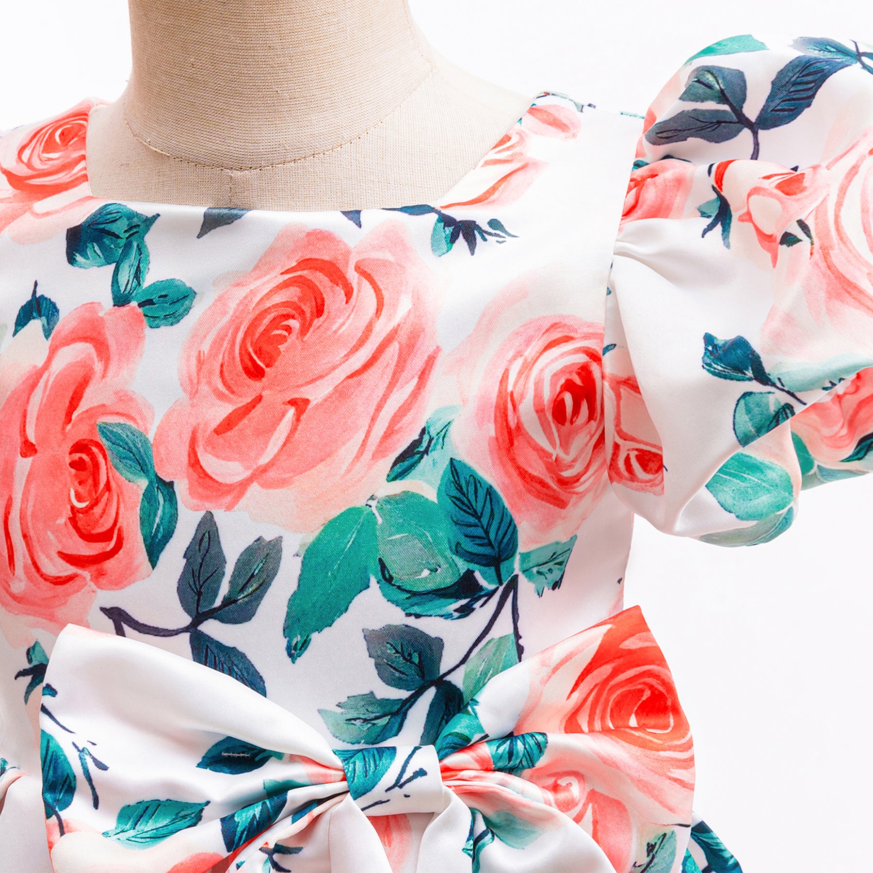 Girl Floral Print Puff Sleeves Bow Fit & Flare Midi Dress