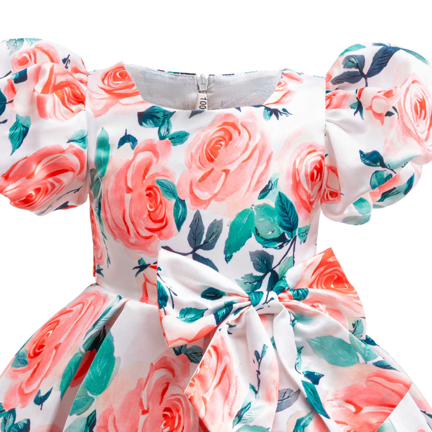 Girl Floral Print Puff Sleeves Bow Fit & Flare Midi Dress