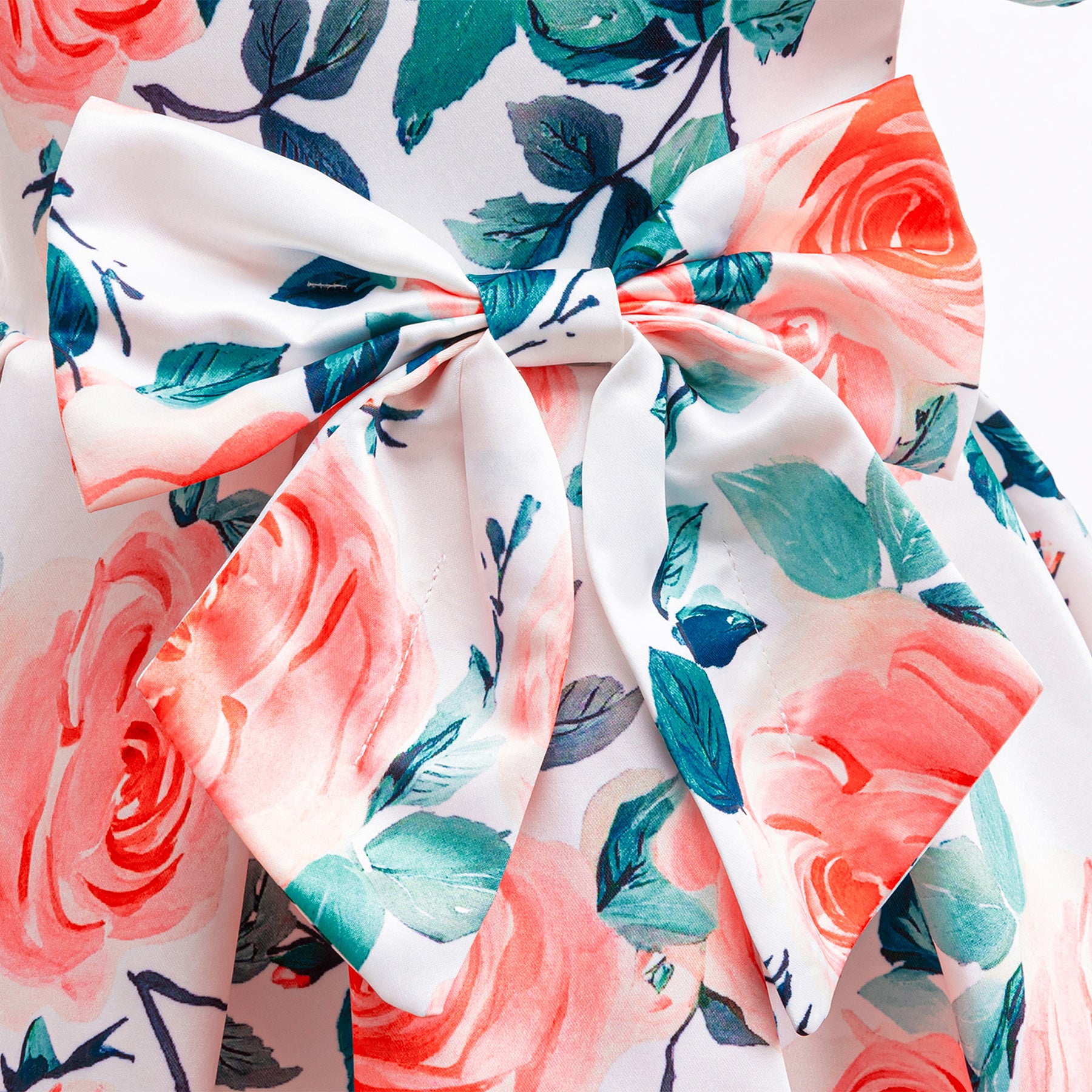 Girl Floral Print Puff Sleeves Bow Fit & Flare Midi Dress