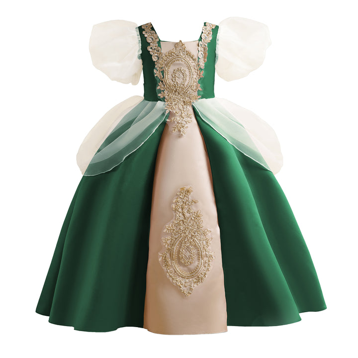 Girls Green Colourblocked Puff Sleeve Balloon Maxi Dress
