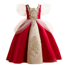 Girls Red Ethnic Motifs Embroidered Puff Sleeves Gown Dress