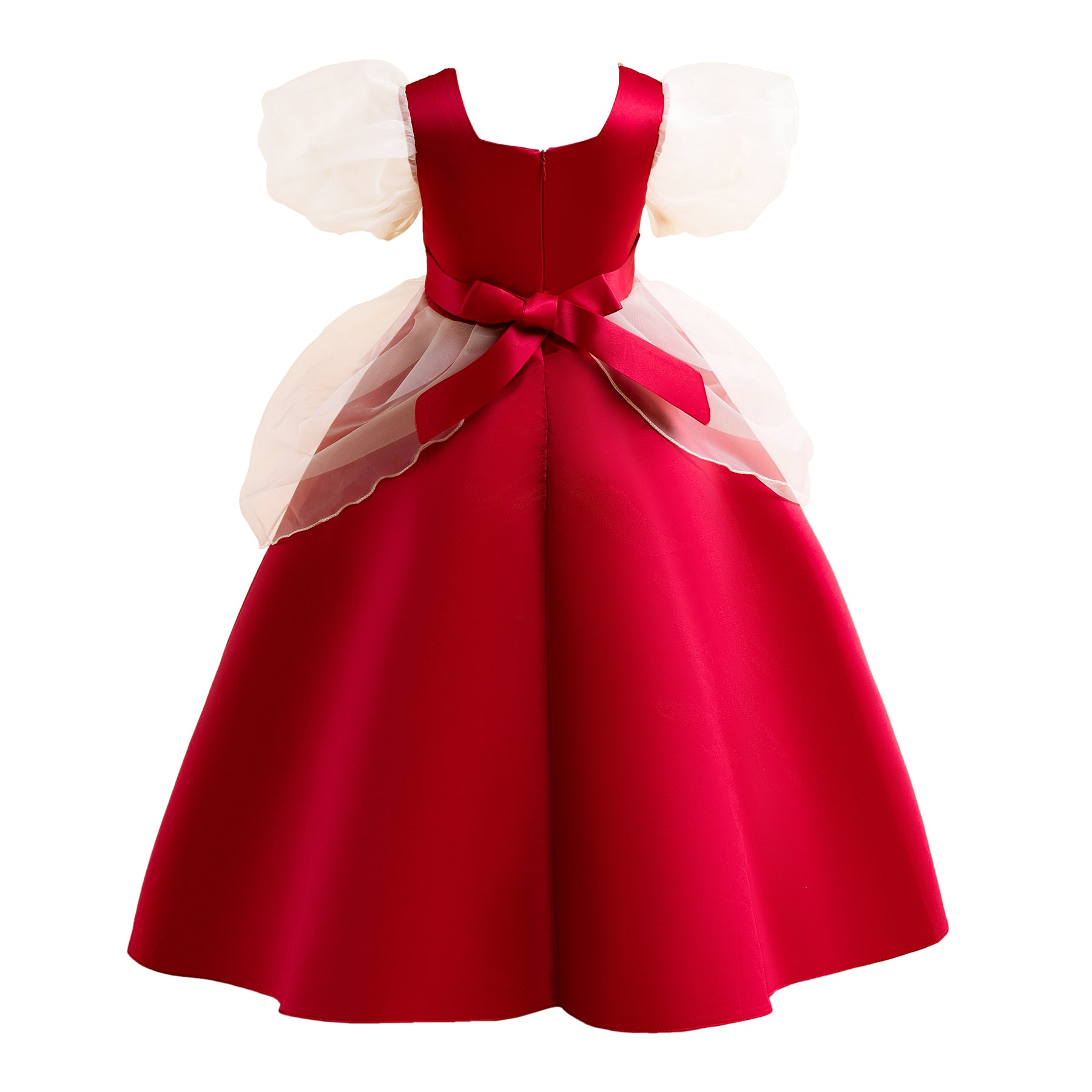 Girls Red Ethnic Motifs Embroidered Puff Sleeves Gown Dress