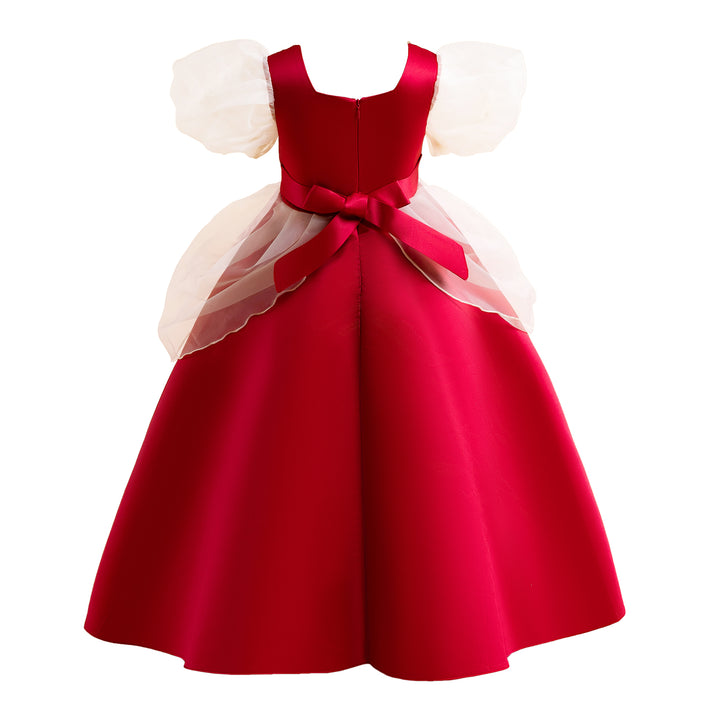 Girls Red Ethnic Motifs Embroidered Puff Sleeves Gown Dress