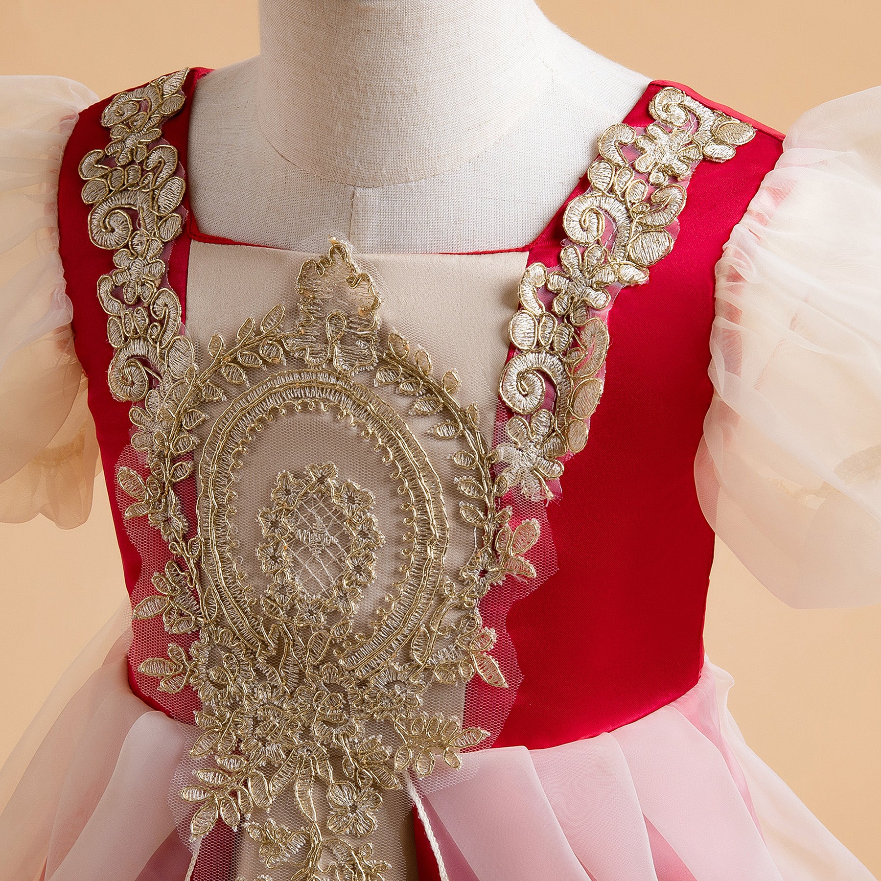 Girls Red Ethnic Motifs Embroidered Puff Sleeves Gown Dress