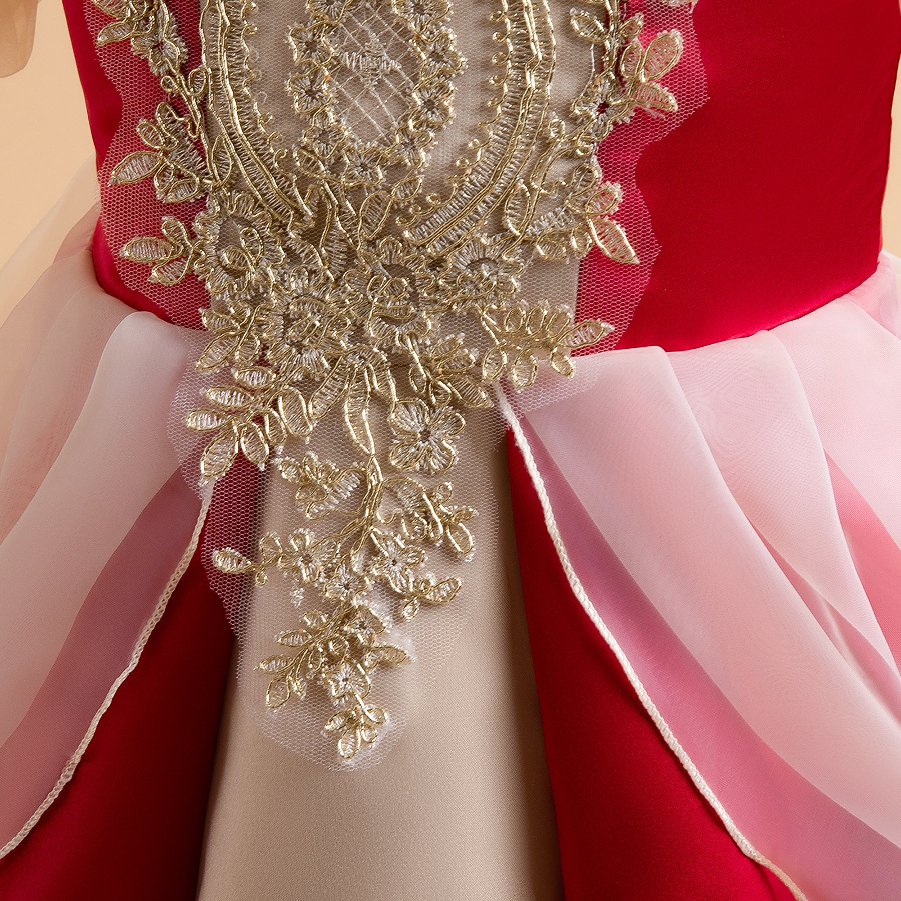 Girls Red Ethnic Motifs Embroidered Puff Sleeves Gown Dress