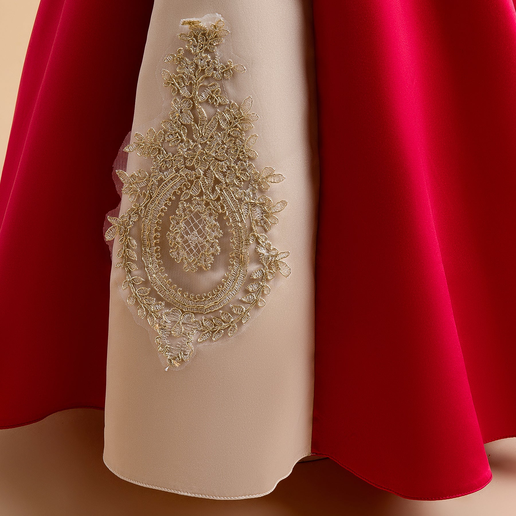 Girls Red Ethnic Motifs Embroidered Puff Sleeves Gown Dress