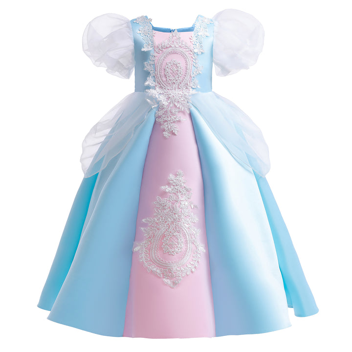 Blue & Pink Girls Ethnic Motifs Embroidered Fit & Flare Maxi Dress