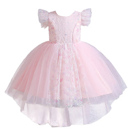 Girls Pink Self Design Flutter Sleeves Sequinned Fit and Flare Dress