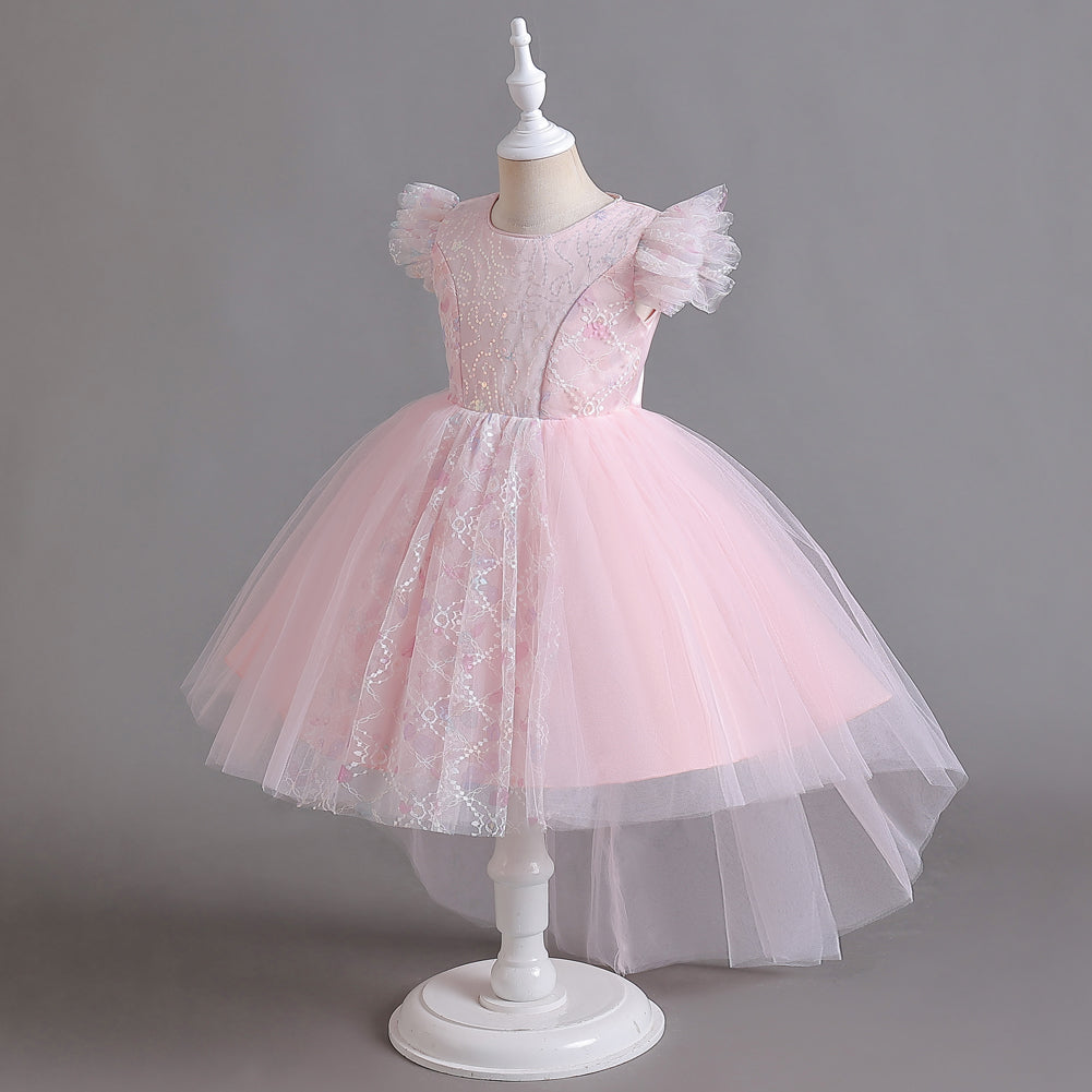 Girls Pink Self Design Flutter Sleeves Sequinned Fit and Flare Dress