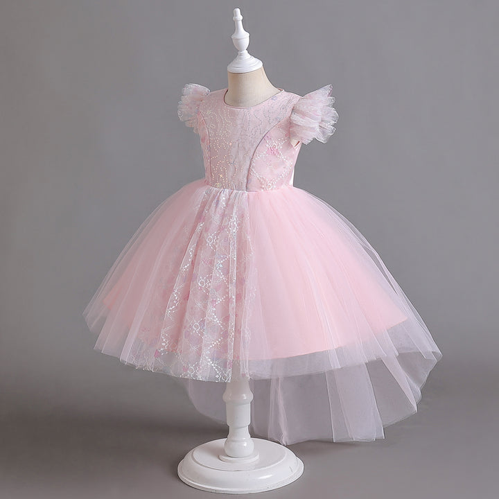 Girls Pink Self Design Flutter Sleeves Sequinned Fit and Flare Dress