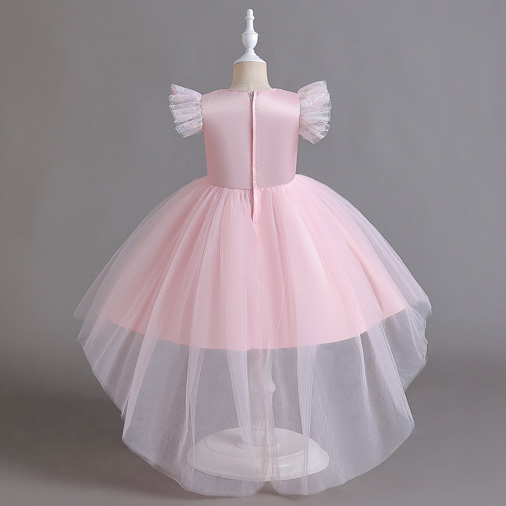 Girls Pink Self Design Flutter Sleeves Sequinned Fit and Flare Dress