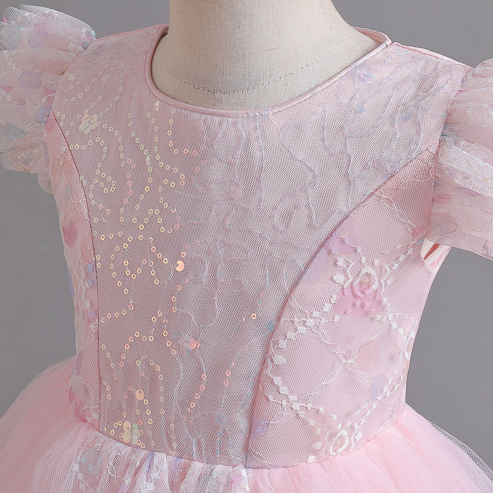 Girls Pink Self Design Flutter Sleeves Sequinned Fit and Flare Dress