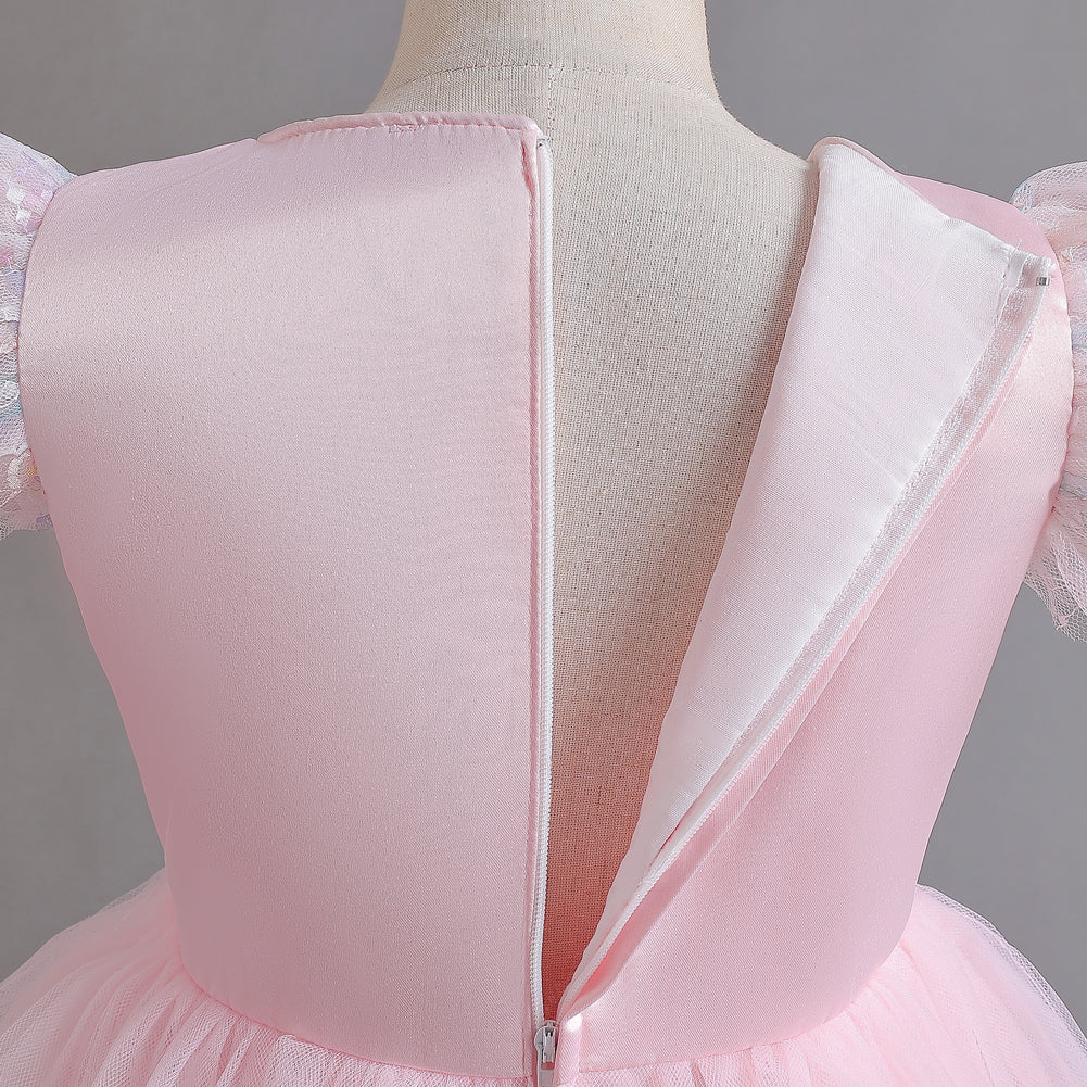 Girls Pink Self Design Flutter Sleeves Sequinned Fit and Flare Dress