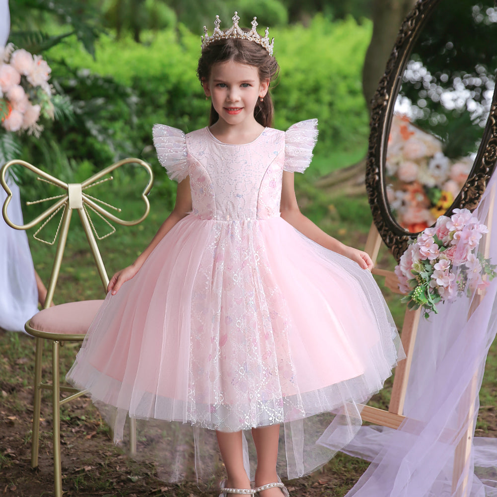 Girls Pink Self Design Flutter Sleeves Sequinned Fit and Flare Dress