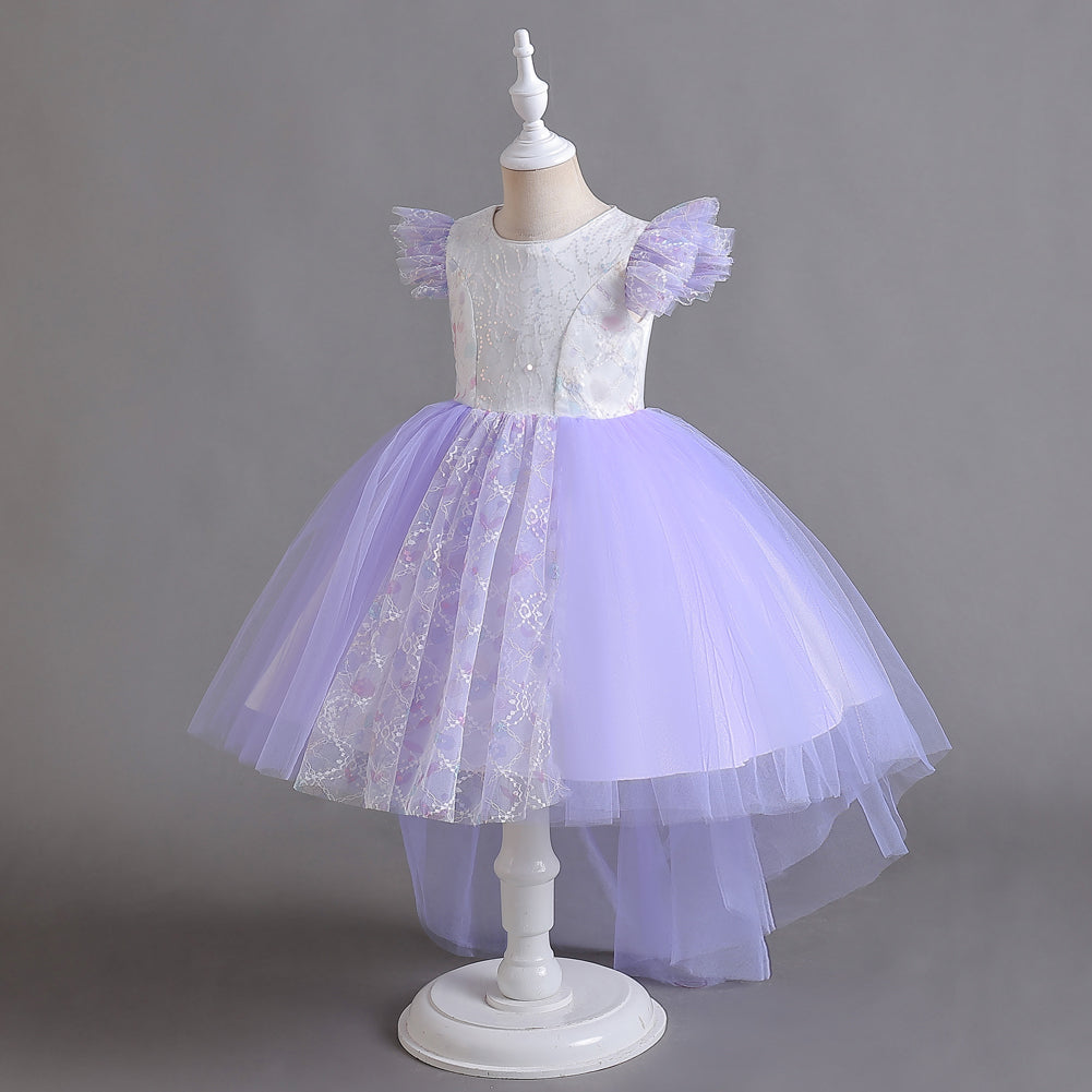 Girls Purple Self Design Flutter Sleeves Sequinned Fit and Flare Dress