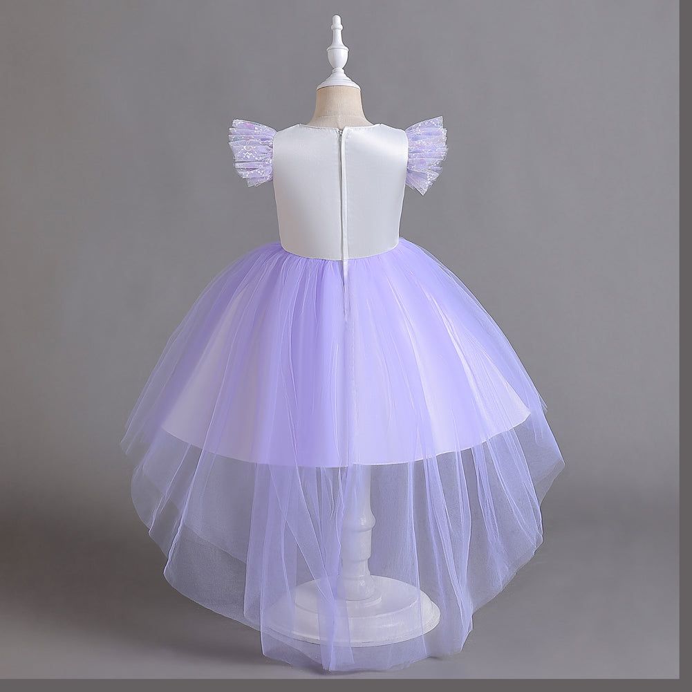 Girls Purple Self Design Flutter Sleeves Sequinned Fit and Flare Dress