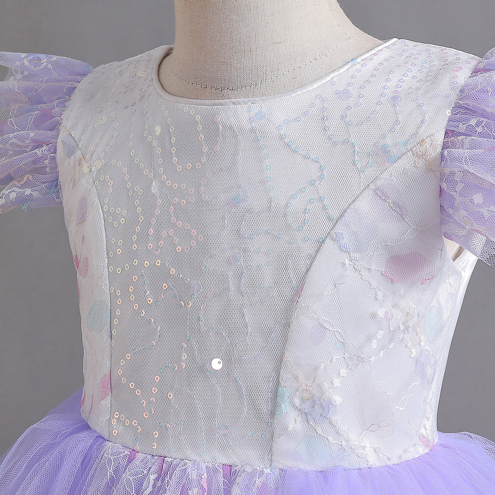 Girls Purple Self Design Flutter Sleeves Sequinned Fit and Flare Dress