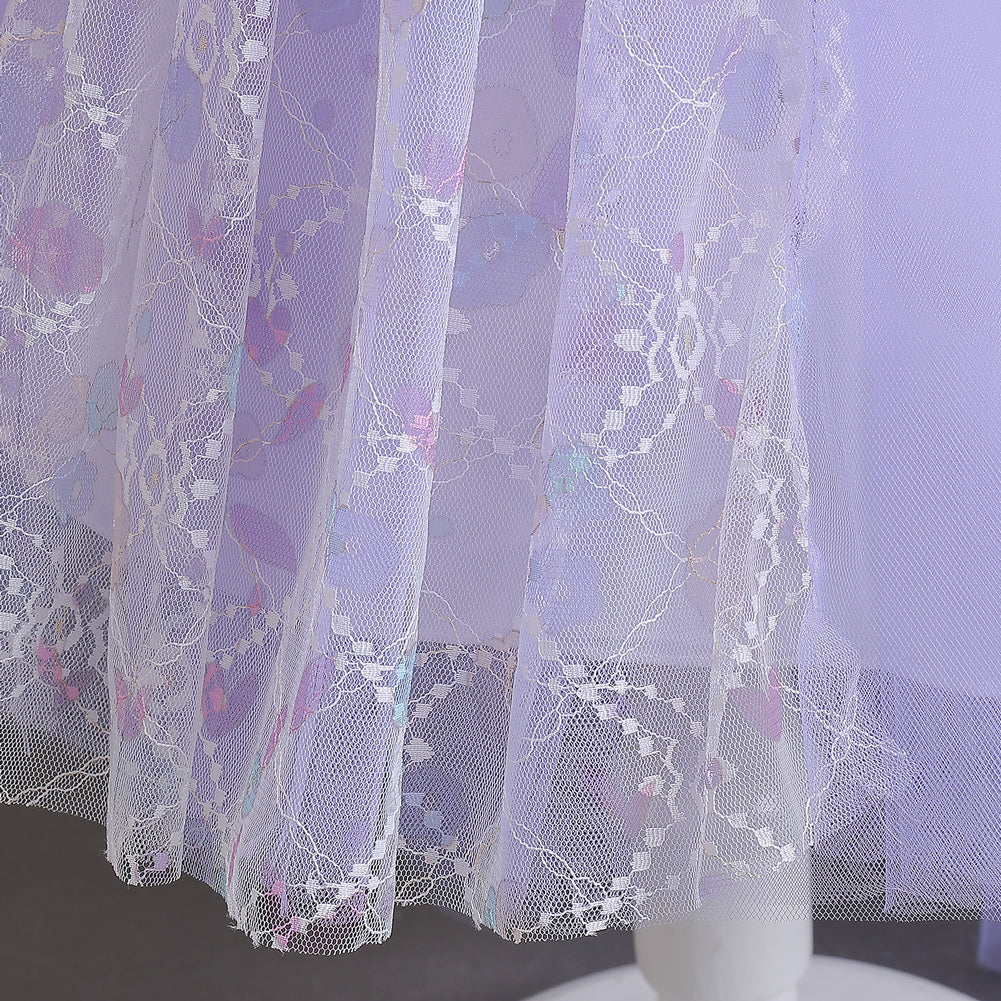 Girls Purple Self Design Flutter Sleeves Sequinned Fit and Flare Dress