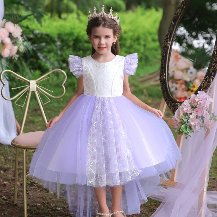 Girls Purple Self Design Flutter Sleeves Sequinned Fit and Flare Dress