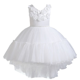 Girls White Floral Self Design Sequined Balloon Maxi Dress