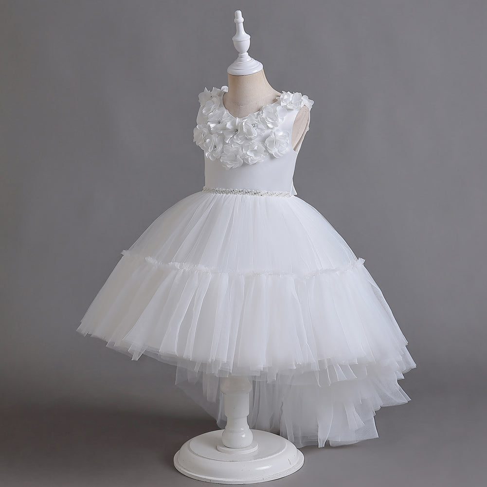 Girls White Floral Self Design Sequined Balloon Maxi Dress