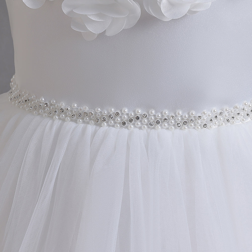 Girls White Floral Self Design Sequined Balloon Maxi Dress