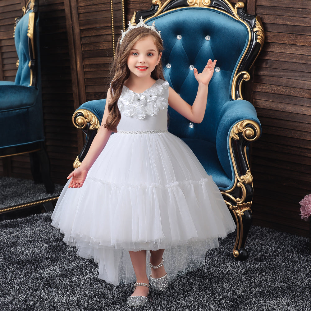 Girls White Floral Self Design Sequined Balloon Maxi Dress