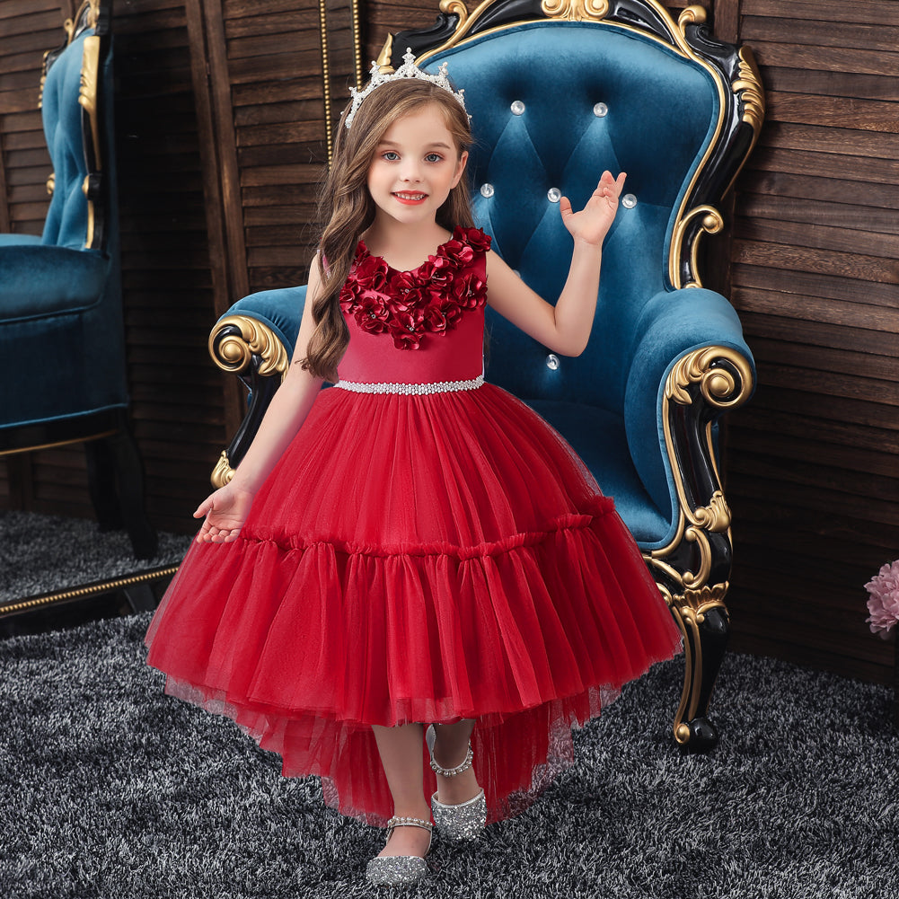 Girls Maroon Self Design Maxi Dress