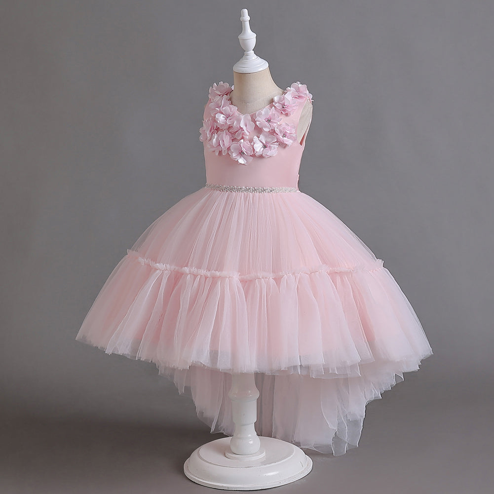 Girls Pink Floral Self Design Gathered Or Pleated Balloon Maxi Dress
