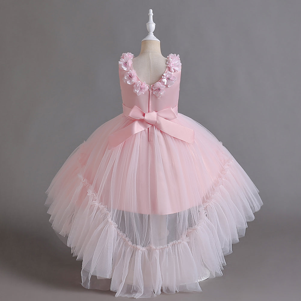 Girls Pink Floral Self Design Gathered Or Pleated Balloon Maxi Dress
