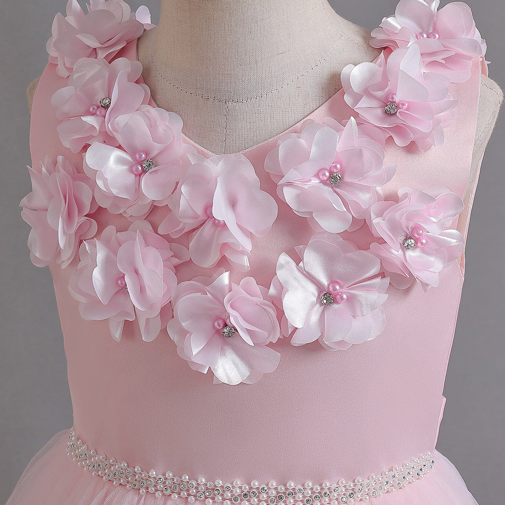 Girls Pink Floral Self Design Gathered Or Pleated Balloon Maxi Dress