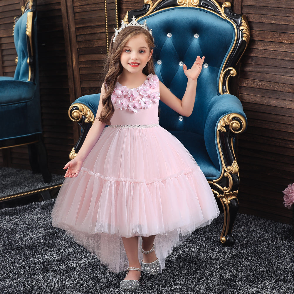 Girls Pink Floral Self Design Gathered Or Pleated Balloon Maxi Dress