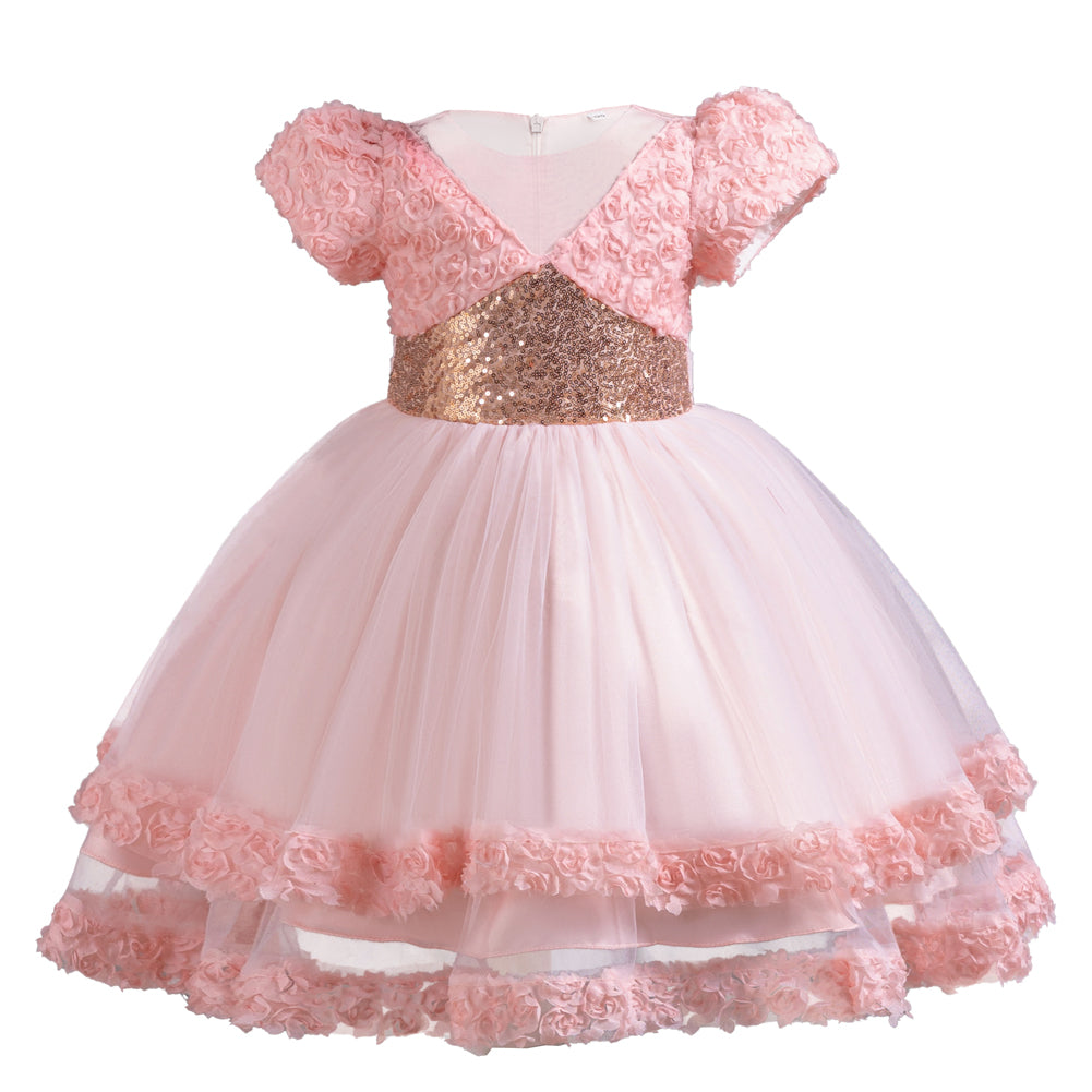 Girls Pink Floral Self Design Puff Sleeves Sequinned Fit & Flare Maxi Dress