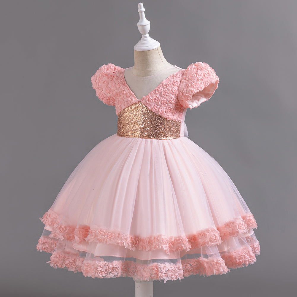 Girls Pink Floral Self Design Puff Sleeves Sequinned Fit & Flare Maxi Dress