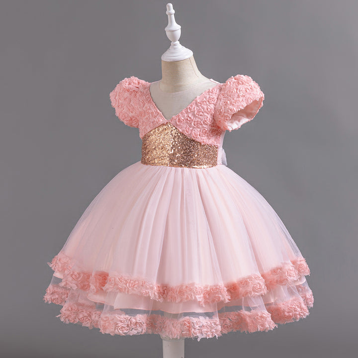 Girls Pink Floral Self Design Puff Sleeves Sequinned Fit & Flare Maxi Dress