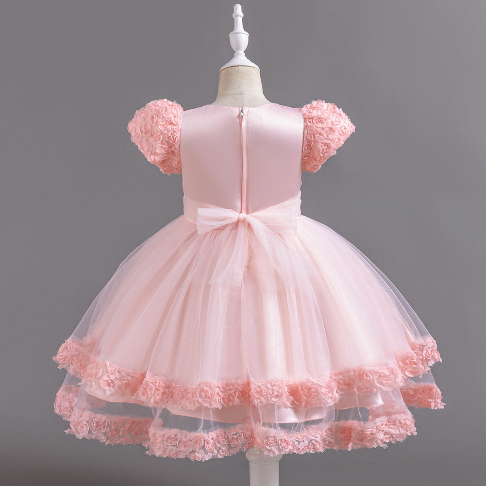 Girls Pink Floral Self Design Puff Sleeves Sequinned Fit & Flare Maxi Dress