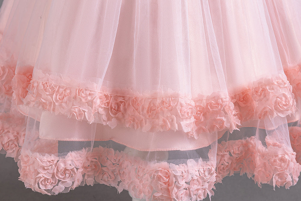Girls Pink Floral Self Design Puff Sleeves Sequinned Fit & Flare Maxi Dress
