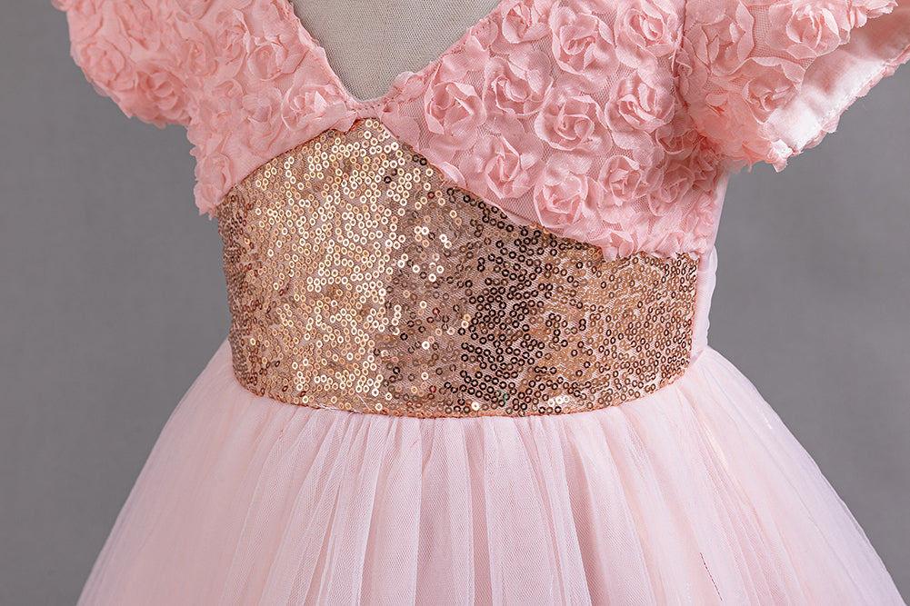 Girls Pink Floral Self Design Puff Sleeves Sequinned Fit & Flare Maxi Dress