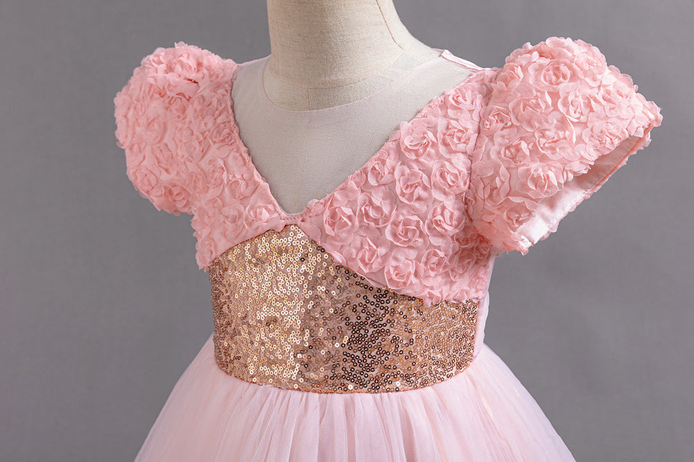 Girls Pink Floral Self Design Puff Sleeves Sequinned Fit & Flare Maxi Dress