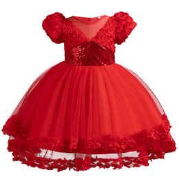 Red Girls Embellished Puff Sleeves Ruffles Detail Ruffled Balloon Dress