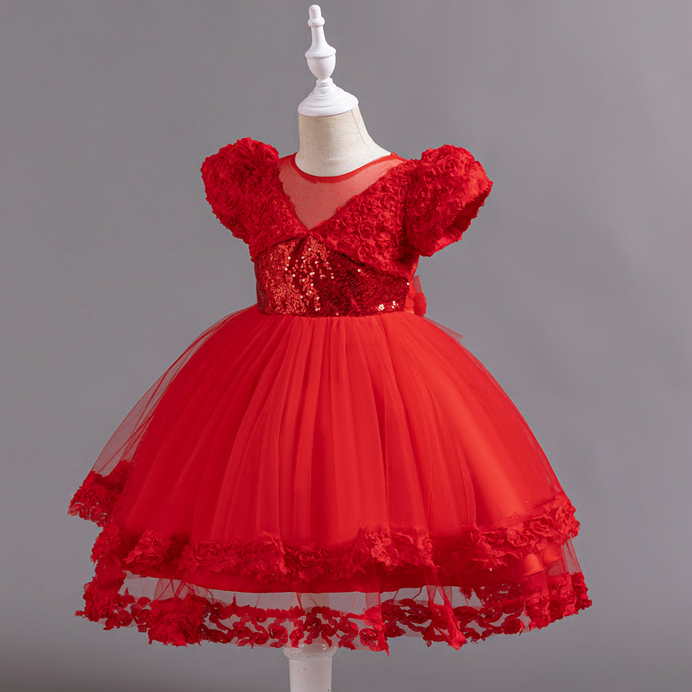 Red Girls Embellished Puff Sleeves Ruffles Detail Ruffled Balloon Dress