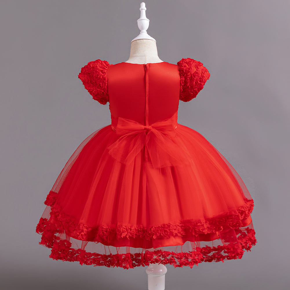 Red Girls Embellished Puff Sleeves Ruffles Detail Ruffled Balloon Dress